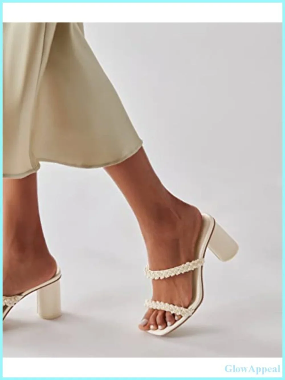 Women's Chunky Heel Mules Sandals Faux Leather Strappy Pearl Square Toe